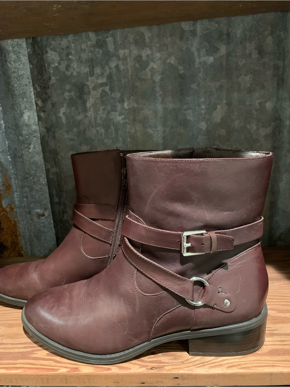 Lauren Ralph Lauren Burgundy Leather Ankle Boots with Buckle Straps